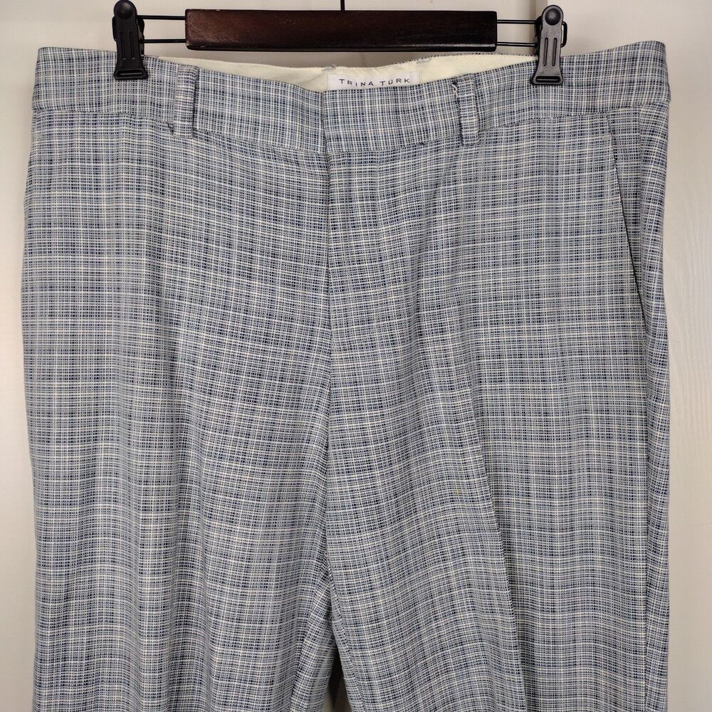 Trina Turk Blue Plaid Dress Pants Trousers 100% Cotton Women Sz 36 Straight Leg